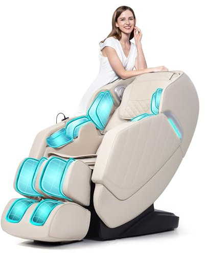 HealthRelife Massagesessel für den ganzen Körper Intelligenter Massagestuhl Zero Gravity 3D-Robotische Hände mit SL-Schiene Relaxsessel Bluetooth-Lautsprecher Beige