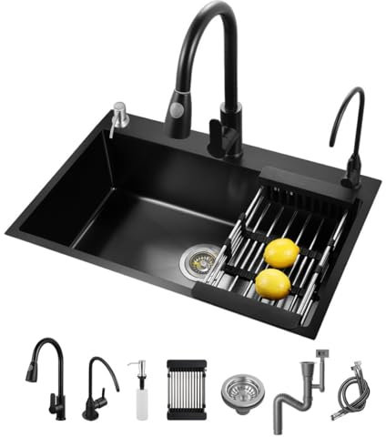 LIJIJUCN Fregadero De Cocina De Acero Inoxidable Negro, Fregadero De Cocina Con Varios Accesorios Deslizantes, Fregadero De Cocina Con Varios Accesorios (60 X 45 Cm)