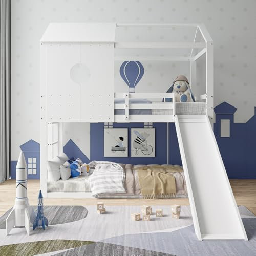 Teahutty Lit superposé, 90 x 200 cm, cabane en bois, cabane en bois, avec toboggan et escalier, pour garçons et filles, sans matelas