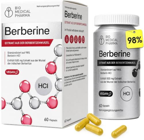 Berberin HCl – 500 mg Extrakt aus Berberis aristata, 98% – 60 Kapseln | 500 mg standardisierter Wurzelextrakt liefern 490 mg Berberin-HCl je veganer Kapsel; ohne Füllstoffe