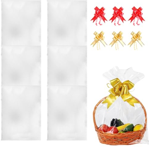 OUDQFCJ 6 Stück Geschenkfolie Cellophantüten Geschenkpapier Mit Zugschleifen Für Geschenke, Körbe, Blumen, Kunsthandwerk, Leckerli, Hochzeit,Weihnachten(50x60cm) (Transparent)