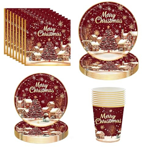 96 Piezas Vajilla de Papel para Fiestas Navideñas, 24 x 9 Pulgadas Platos de Comida, 24 x 7 Pulgadas Platos de Ensalada, 24 x 270ml Tazas, 24 x Servilletas, para Decoraciones de Fiesta de Navidad