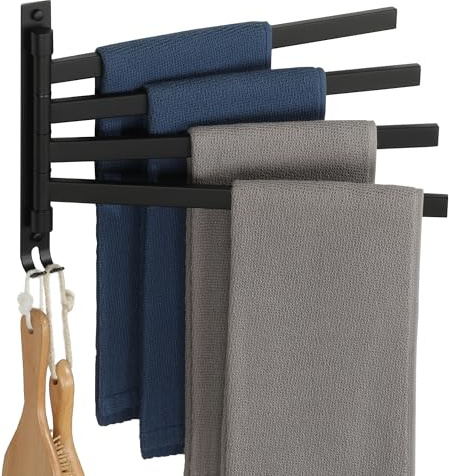 SAYAYO Porte Serviette avec 4 Barres 180° Rotatives, Support Sèche-Serviettes Mural en Acier Inoxydable SUS304, Idéal pour Salle de Bain et Cuisine, Noir Mat Montage par Vis, EGKN2520HD-4-B