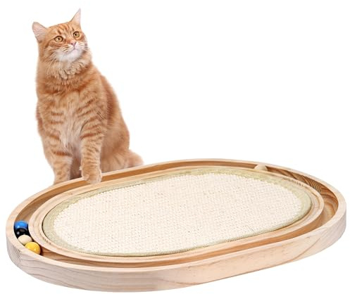 Zocipro Kratzbretter Katze und Katzenspielzeug Kugelbahn Holz 43x33x3 cm | 2-in-1 Katzen Kratzbrett Sisal, kratzspielzeug mit Spielzeugball für Katzen zum Spielen, Entspannen und Krallenwetzen, Beige