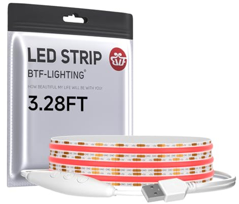 BTF-LIGHTING Dimmbar USB FCOB COB Rot LED Streifen 1M 320 LEDs 5V | Flexible LED Leiste Ultrahell CRI90+ für Wohnzimmer TV Hintergrundbeleuchtung, Schrank, Küche, Gaming PC, DIY Deko