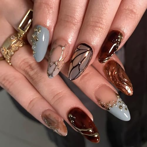 Aribliseza Nail Stickers, 24 Pieces, Brown with Gold-Edged Amber Pattern, Almond-Shaped Artificial Nails in Y2K Style, Gold Lines and Rhinestone Decorations, Suitable for Winter and Spring Nail