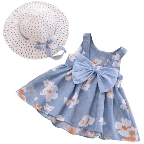 Robe tutu d'été pour bébé fille - Sans manches - Dos nu - Princesse - Anniversaire - Robe de fête - Avec nœud - Avec chapeau de paille