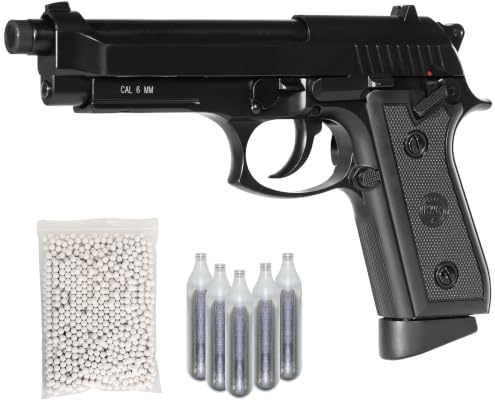 Pistola Softair Humarex 92 Co2, Bundle Completo: Pistola a Pallini, 5 bombolette, 1000 Pallini 6mm - Airsoft, Pistole Softair, colore nero, potenza 0,9 joule