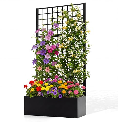 COSTWAY Jardinière avec Treillis en Métal avec Brise-Vue | Bac à Fleurs, 3 Panneaux, Trous de Drainage, Support Plantes Grimpantes Herbes Fruits pour Balcon Jardin, 90 x 40 x 180,5 cm