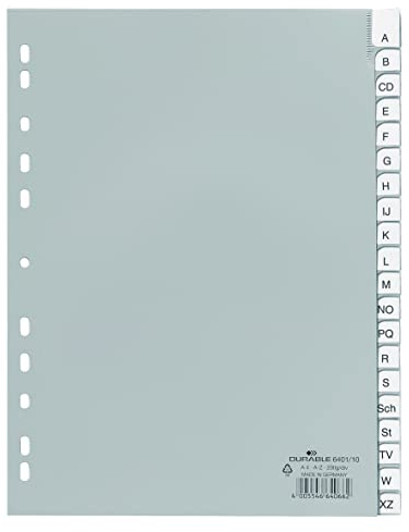 Durable Ordnerregister, Tabe A - Z, Kunststoff, A4, 20 Blatt, grau, 640110 | Aus Polypropylen, mit Universallochung, glasklare umschweißte Taben, für A4, Duraprint-Beschriftungssoftware