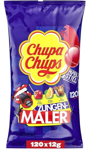Chupa Chups Zungenmaler Lutscher-Beutel, Nachfüll-Beutel mit 120 Lollis, Cola, Kirsch, Orangen-Geschmack, Lollipops färben die Zunge, geeignet für Geburtstag, 120 x 12g