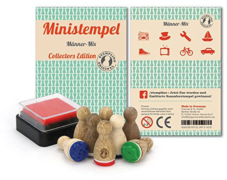 Stemplino Stempelset Männer - 8 Ministempel aus Holz Plus Stempelkissen, Mini Stempel Set Mix