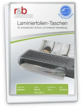 r&b FT-A4-125S Laminierfolien A4, 216 x 303 mm, 2 x 125 mic mit selbstkl Rückseite, 100 Stück
