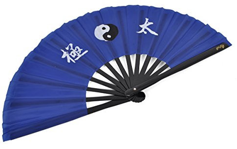 Éventail Tai Chi (Tai Ji Shan) Bambou - Droitier, Bleu foncé imprimé