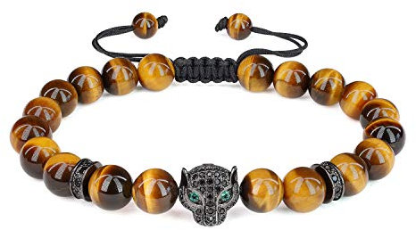 COAI Geschenkideen Glücksarmband aus Tigerauge Gelb Verstellbares Armband Unisex mit CZ Panther-Kopf Charm