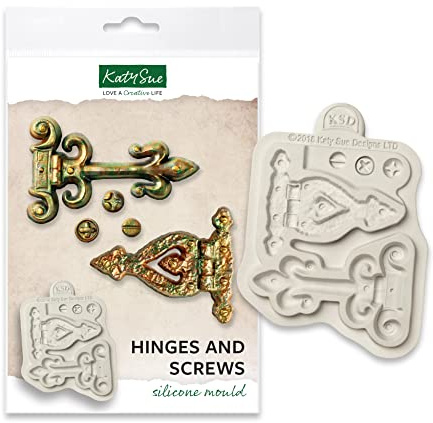 Katy Sue Hinges & Screws Silicone Mould for Cake Decorating & Crafts for Fondant & Air Dry Clay from Katy Sue Fondant Moulds. Hinges 60 x 50 and 70 x 45 Millimetres, Screws 90 Millimetres Diameter