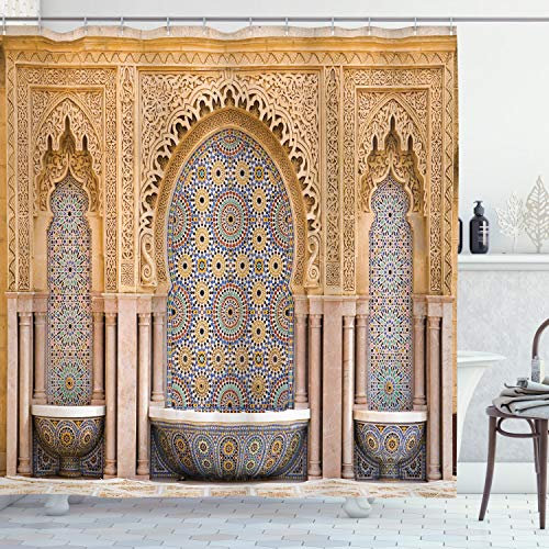 ABAKUHAUS marokkanisch Duschvorhang, Rabat Hassan-Turm, Stoffliches Gewebe Badezimmerdekorationsset mit Haken, 175 x 220 cm, Aprikose Pale Brown
