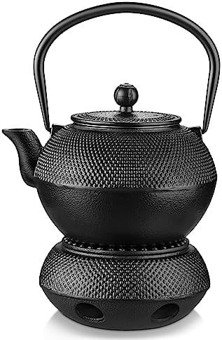 Velaze Teiera in Ghisa per Tè Giapponese con Scaldino e Infusore in Acciaio Inox, Bollitore Tetsubin - 1.1L (1100ml), Nero