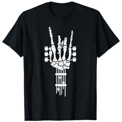 UAB KIDKIS Unisex Adult Black Skeleton Rock On Hand Guitar Accessories T-Shirt, Small, Short Sleeve, Crew Neck, Punk Rock Graphic Tee