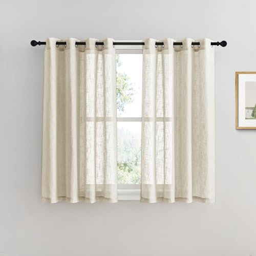 PONY DANCE Voile Curtain - Kitchen Window Decoration Half Transparent Voile with Eyelets Soft Draperies Cross Pattern Decor for Living Room, 132 x 137 cm, Beige, Pack of 2