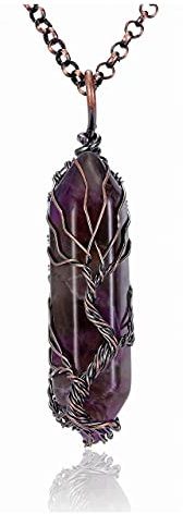 JOVIVI Amethyst Tree of Life Crystal Healing Pendant Necklace Vintage Bronze Wire Wrapped Purple Gemstone Quartz Point Chakra Energy Stone Necklace Jewelry for Women Men
