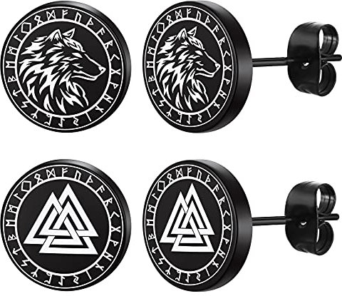 FaithHeart Punk 2 Pair Viking Ohrstecker Wikinger Wotansknoten Ohrstecker mit Rune Wolf Ohrstecker Punk Retro Viking Ohrschmuck mit Geschenkebox für Geburtstag Valentinstag Weihnachten