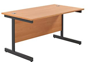 Office Hippo Heavy Duty Rectangular Cantilever Desk, Home Office Table + Integrated Cable Ports, PC Desk For Office or Home, 5 Yr Wty - Black Frame/Beech Top, 120cm x 80cm