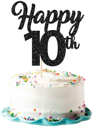 3Pcs Happy 10th Cake Toppers Number 10 Topper 10th Birthday Cake Pick Decorations for Cheers to 10 Years Old 10th Birthday Wedding Anniversary Party Supplies Black Glitter