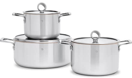 Olavson Stielkasserolle 16cm, 20cm, 26cm mit Kupferkern, Induktion, Deckel aus Glas, unbeschichtet, Schüttrand, Edelstahl mit Kupferkern in 5-Schicht System, Soßentopf, alle Herdarten