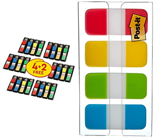 Post-it 683-4+2 Index Mini Promotion (11,9 x 43,2 mm, 24 x 35 Haftstreifen) rot, blau, gelb, grün & Lesezeichen Mini Starre Standardfarben - 40 Index