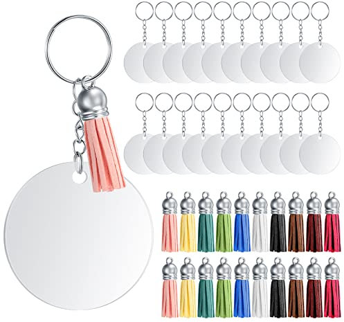 80 Stück Acryl Schlüsselanhänger Rohlinge Set, mit 20 Bunt Quasten Anhänger, 20 Acryl Rohlinge Schlüsselringe mit 20 Kette und 20 Biegeringe, für DIY Schlüsselbund Basteln