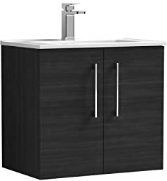 nuie ARN623B Arno Modern Bathroom Wall Hung 2 Door Vanity Unit with Minimalist Ceramic Basin, 600mm, Woodgrain Charcoal Black