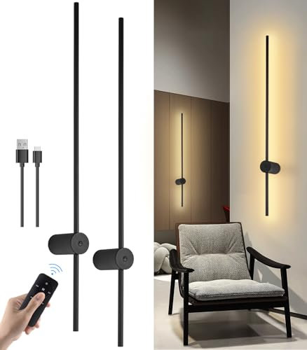 Battery Operated Wall Lights Indoor, USB Rechargeable Wall Light with Remote Control, Dimmable Wireless LED Wall Lamp Black 100CM, 360° Rotation Modern Wall Sconces for Living Room, Bedroom, 2 Pack