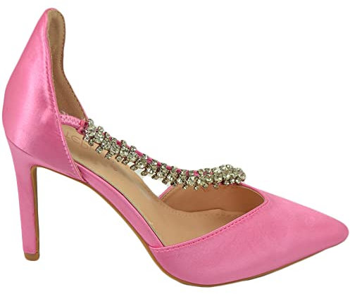 Scarpe Decollete Donna Elegante Punta in Raso Fucsia Tacco 10 Cerimonia con Fermaglio di Strass Moda Cerimonia Evento (40 EU)