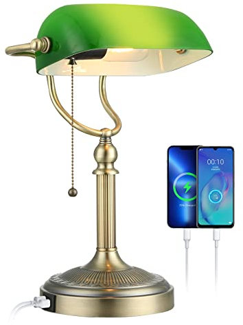 Newrays Green Glass Bankers Schreibtischlampe mit Zugketten Schalter Steckvorrichtung,USB-Schnellladeanschluss