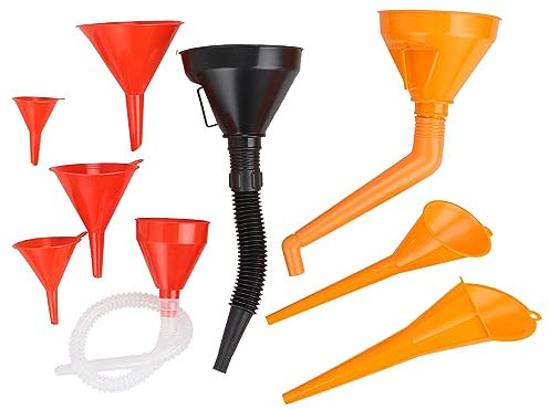 VIDETOL 9 Pc Right Angle Flexible Plastic Funnel Set - Universal Car & Motorcycle Petrol Engine Funnel with Detachable Spout