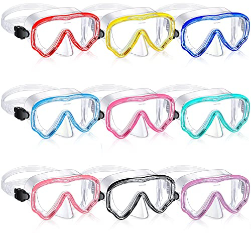 Yexiya 9 Pcs Kids Swim Goggles for Age 6-15 Snorkel Diving Mask Anti Fog Clear View Swim Mask with Nose Cover No Leaking Tempered Glass Panoramic Goggles for Child Boys Girls Pool