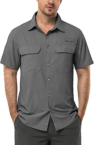 33,000ft Men's UPF 50+ UV Protection Short Sleeved Shirts Quick Dry Button Down Shirts Cooling Hiking Shirt for Travel Safari Fishing Grey XL