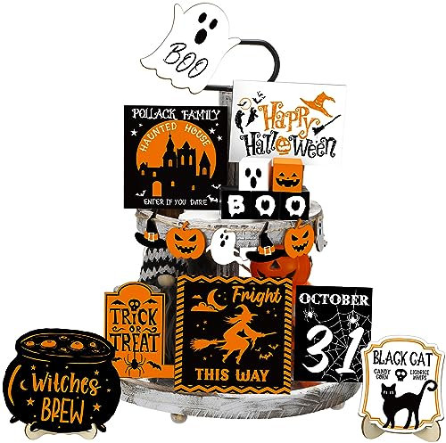 19 Pcs Halloween Tiered Tray Decor Ghost Pumpkin Black Cat Halloween Tiered Tray Decor Funny Castle Ghost Rustic Wooden Decorative Signs for Home Table Party Supplies