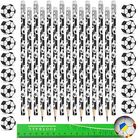 15 Fußball Radiergummis + 15 Fußball Bleistifte + 1 Fußball Lineal, Fußball Geburtstag Party Taschen, Kinder Fußball Bleistift Radiergummi, Fußball Dekoration für Kindergeburtstag, Party