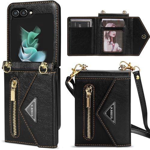 GUVAGI Handyhülle für Samsung Galaxy Z Flip 5 Hülle Case mit Band, Leder Klappbar Klapphülle Flip Case Reißverschluss Stoßfest Schutzhülle Aesthetic Mädchen Handy Hülle mit Kette (Schwarz)
