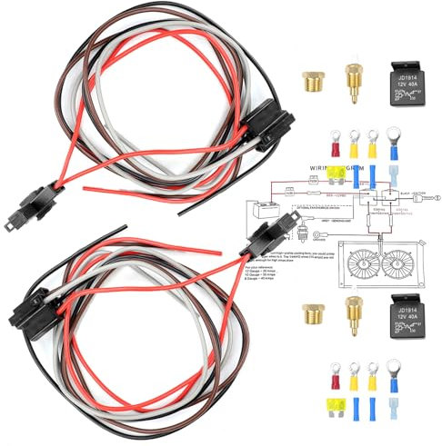 FEXON Dual Electric Fan Relay Kit Radiator Electric Fan Thermostat Kit Temperature Sensor Switch 185 On 175 Off, 40 AMP Cooling Fan Relay Switch Kit 4 Pin Waterproof Fan Wiring Kit Controller