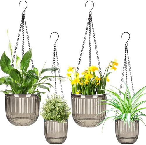 Maxcheck 4 macetas colgantes de riego automático para interiores de 6.5 pulgadas y 4.5 pulgadas, cestas colgantes para exteriores, plantas colgantes con 3 ganchos, agujeros de drenaje para jardín y