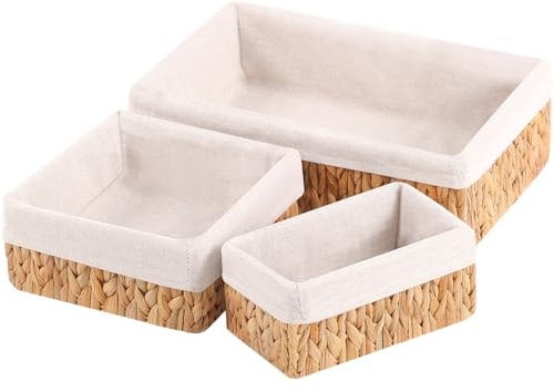 OUTBROS Set de 3 Paniers de Rangement, Boite Décoratifs avec Doublure, Cube Tressés en Osier, Pour Chambre, Salle de Bain, Bureau, Jacinthe D'eau, STB202-H