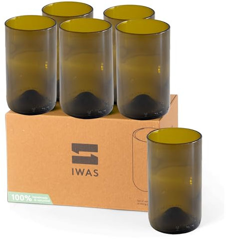 IWAS Upcycled Olive Drinking Glasses | 400 ML | 13.53 OZ | Set of 6 | Sustainable Water Glasses | Environmentally Friendly Dark Brown Glasses For Home