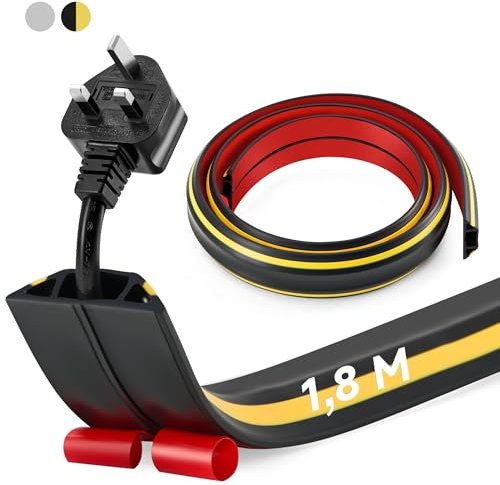 CREWORKS Cache Câble Sol 1,8m 3 Canaux avec Auto-Adhésif Flexible Goulotte Passe Câble Sol Rampe de Protection de Fils PVC Gestion des Câbles pour Maison Bureau, Jaune Noir