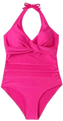 Womens Swimsuit Halterneck Tummy Control One Piece Swimsuit Deep V Padded Push Up Ruched Swimwear Swimming Costume Ladies Retro Bathing Suits Vintage Plus Size Beachwear Hot Pink