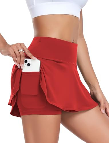 Tennisrock Damen Sommer Rock Tennis Sport Rock Tenniskleid 2 in 1 Minirock Faltenrock Wanderrock Golfröcke Sommerrock Laufrock Laufen Skater Skorts Plisseerock Rot S