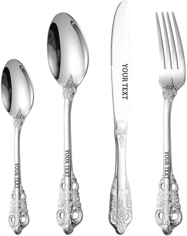 SHUMEI Personalised Engraved Name Vintage Stainless Steel Cutlery Set, Personalised Stainless Steel Vintage Cutlery Sets Make Every Meal Special! (Silver 4-Piece Set)