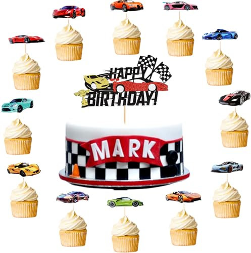 KOBOKO 13 Stück Auto Tortendeko Geburtstag Junge, Happy Birthday, Rennwagen Cake Topper für Motorsport Party, Sportwagen Car Cupcake Toppers für Kinder Party Deko